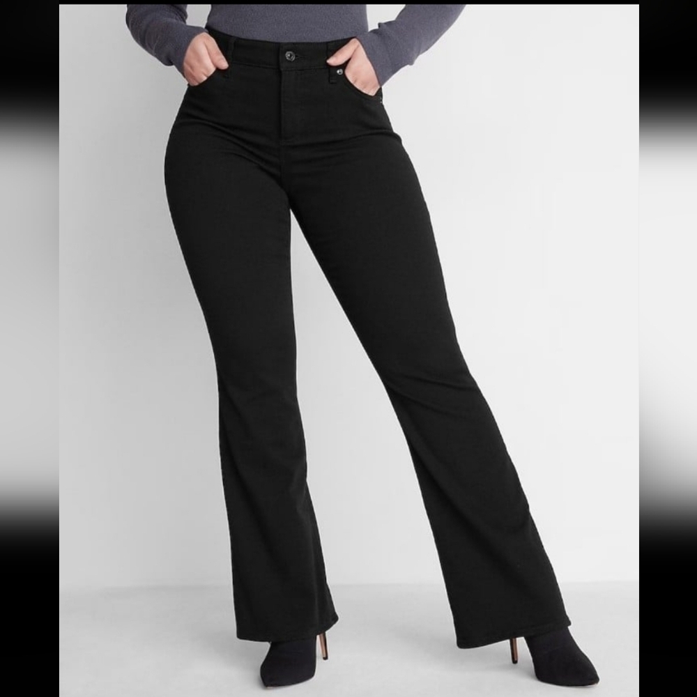 EXPRESS BOOTCUT FLARE BLACK JEANS SUPER STRETCH CURVY 00 SHORT NEW